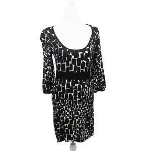 White House Black Market Sweater Dress Black White Geometric 3/4 Sleeve Small